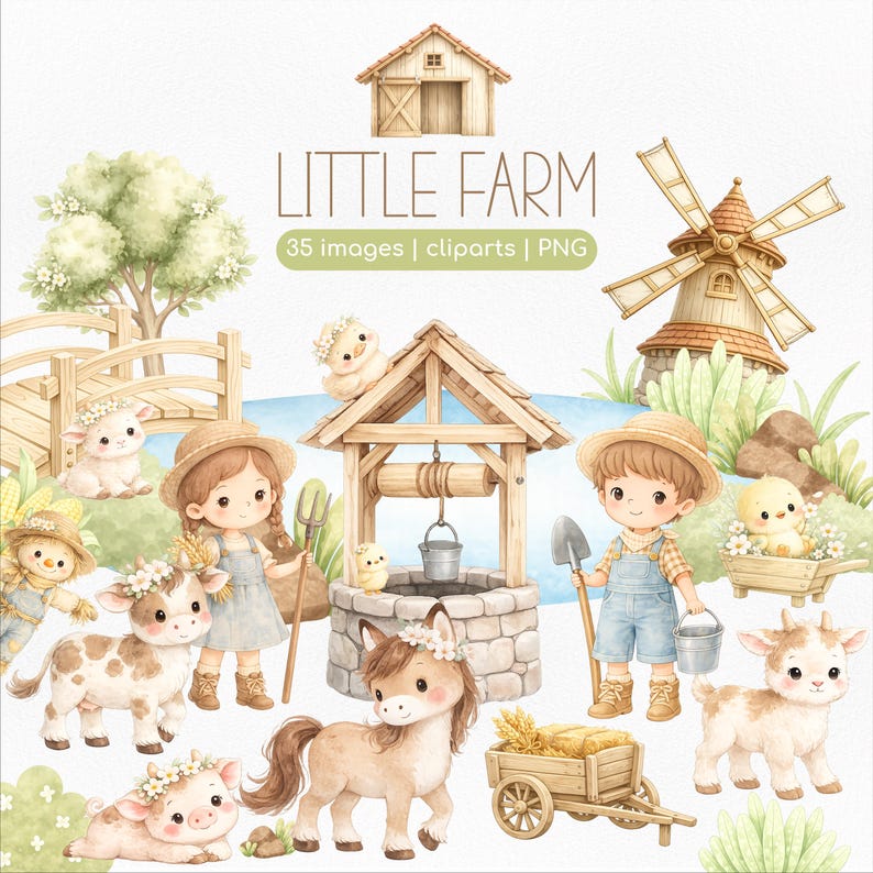 Little Farm Watercolor Clipart PNG | Cute Farm Animals and Kids | Party ...
