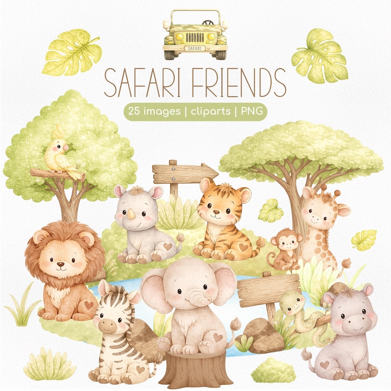 Safari Baby Animals Clipart PNG – Cute Watercolor Savanna Animals ...