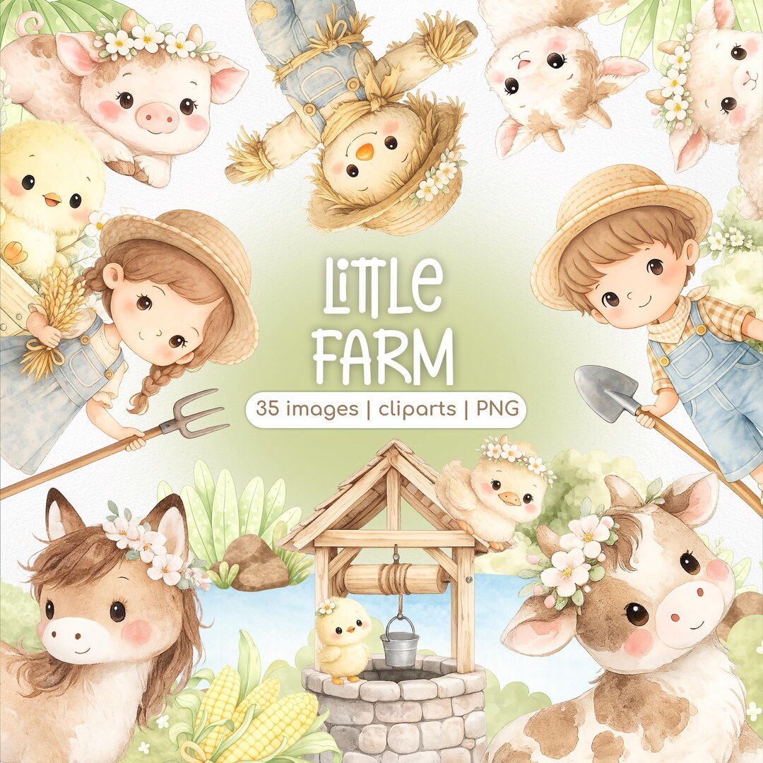 Little Farm Watercolor Clipart PNG | Cute Farm Animals and Kids | Party ...