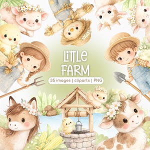Little Farm Watercolor Clipart PNG | Cute Farm Animals and Kids | Party Decor and Nursery Illustration Set