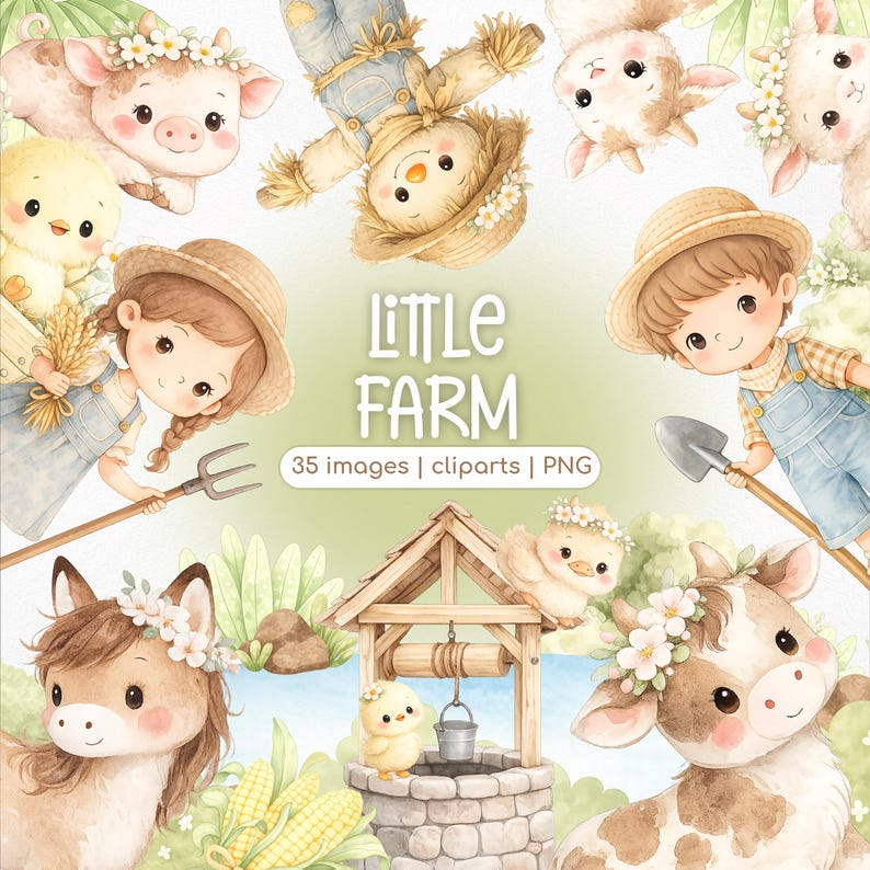 Little Farm Watercolor Clipart PNG | Cute Farm Animals and Kids | Party ...