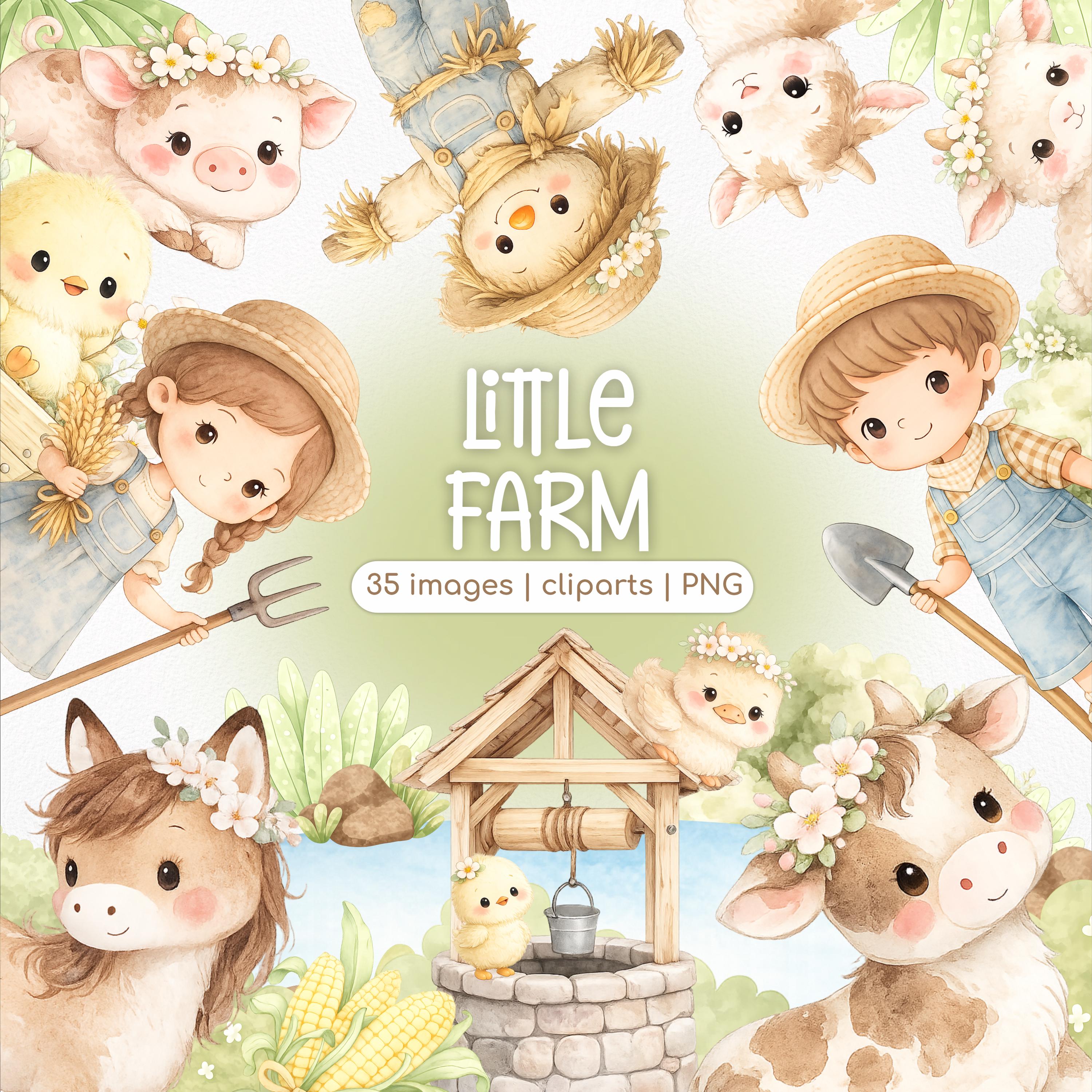 Little Farm Watercolor Clipart PNG | Cute Farm Animals and Kids | Party ...