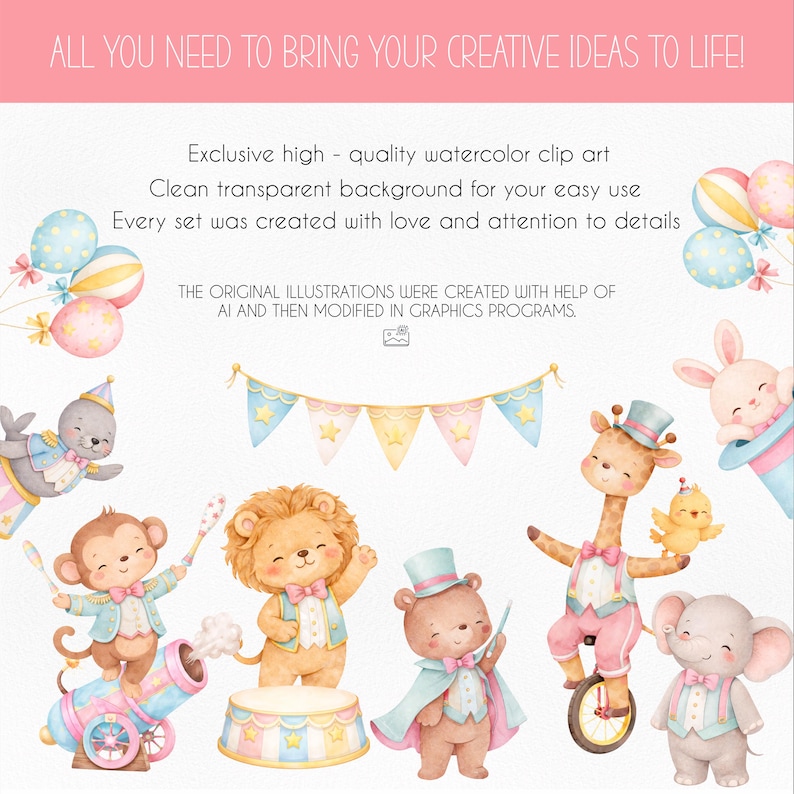 Circus Pink Clipart PNG Bundle – Cute Watercolor Circus Animals, Baby ...