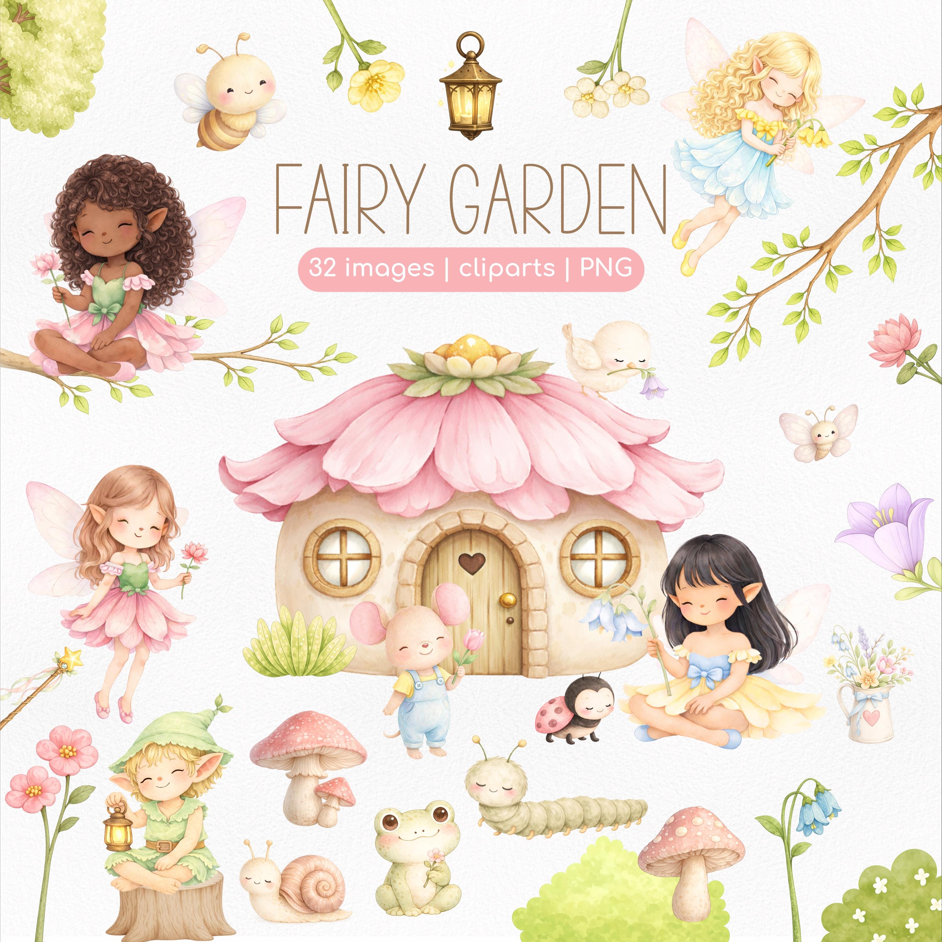 Fairy Garden Clipart PNG, Cute Fairies, Mushrooms, Animals, Flower ...