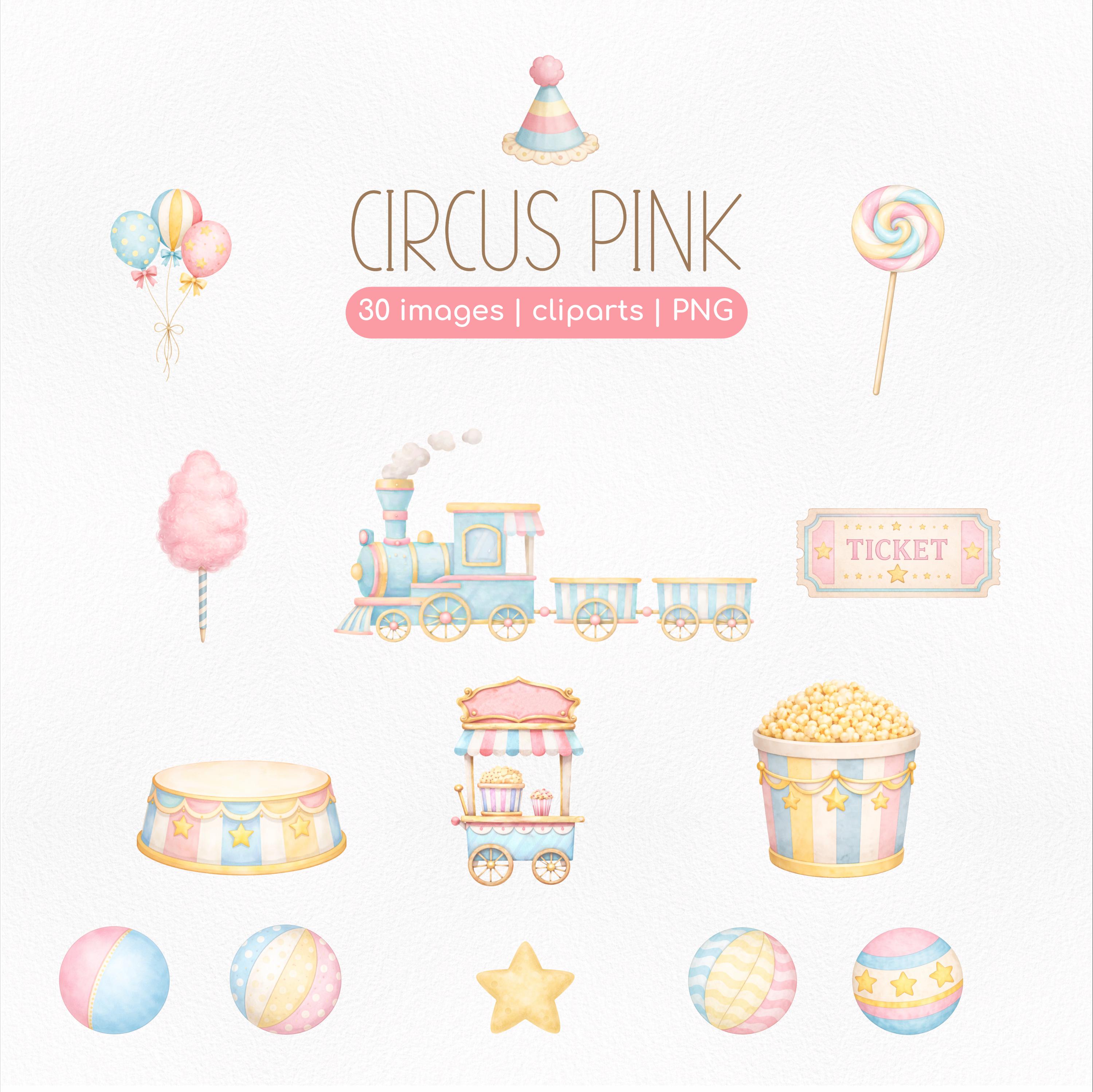 Circus Pink Clipart PNG Bundle – Cute Watercolor Circus Animals, Baby ...