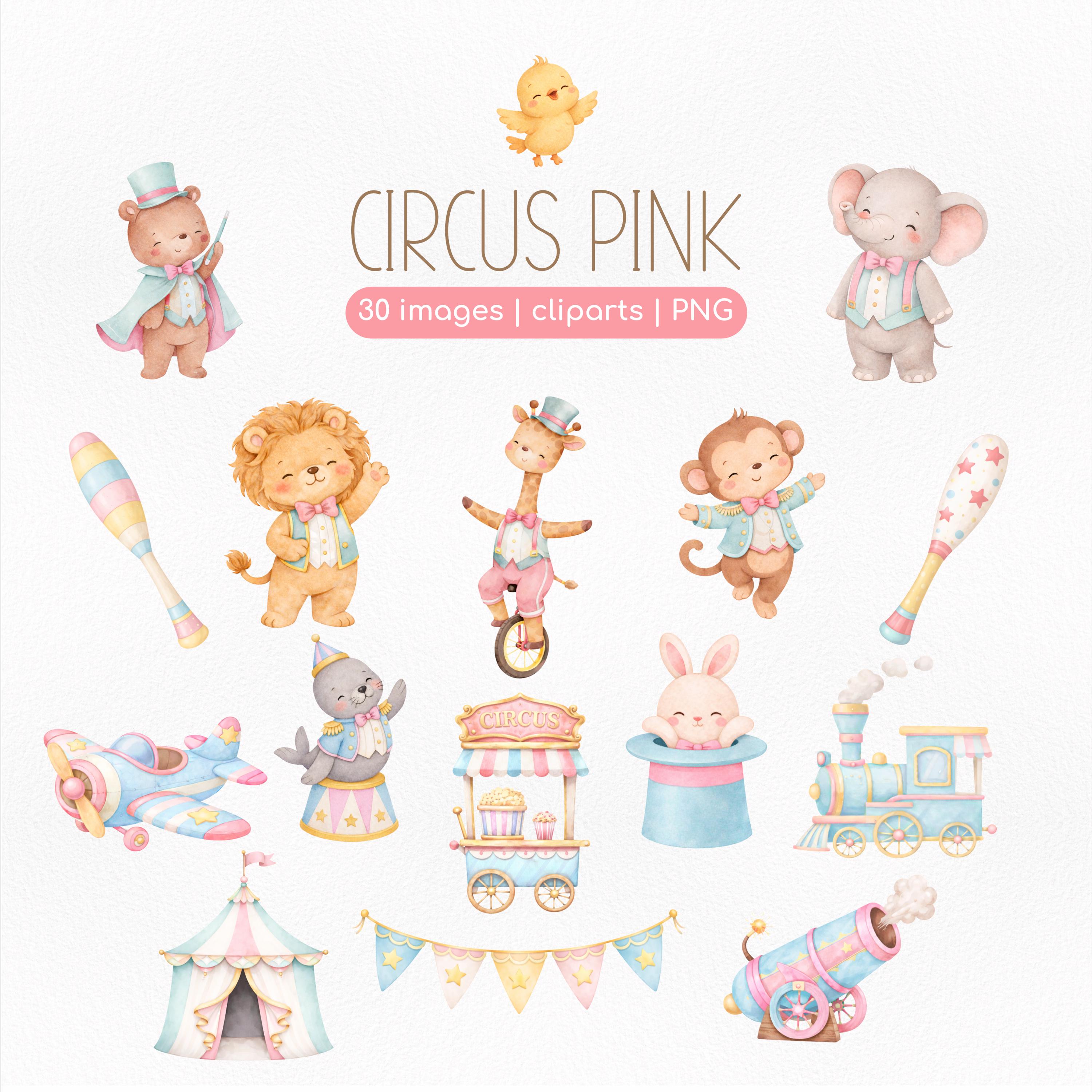 Circus Pink Clipart PNG Bundle – Cute Watercolor Circus Animals, Baby ...