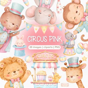 Circus Pink Clipart PNG Bundle – Cute Watercolor Circus Animals, Baby ...