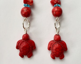 Red howlite turtle earrings, sea turtle earrings, red earrings, gemstone earrings, red chip earrings, animal lover.