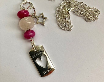 Follow your heart gemstone necklace, pink jade necklace, rose quartz necklace, gemstone heart pendant, heart necklace, valentines day.