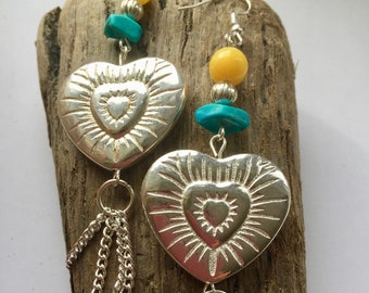 Turquoise beach tassel earrings, turquoise earrings, heart earrings, summer holiday, beach jewellery, gemstone earrings.