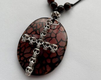 Porte du dragon pour hommes et collier pendentif en croix de crâne en obsidienne, bijoux pour hommes, pendentif en croix de crâne, collier en obsidienne, collier en agate,