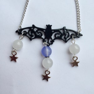 White jade bat necklace, gothic bat necklace, halloween necklace, gemstone necklace, stars.