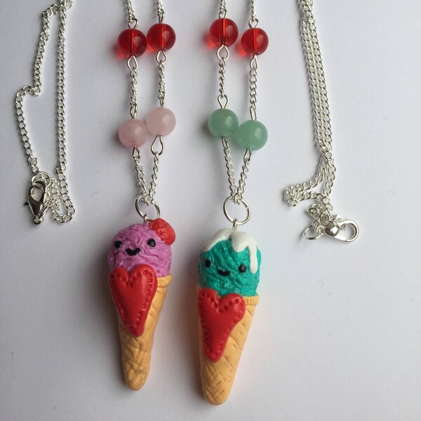 Crème glacée Collier de pierres précieuses Fimo, collier kawaii, fraise, menthe, collier de charme Fimo, cadeau de pierres précieuses, collier d’adolescent.