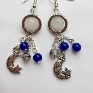 Moon earrings, chain earrings, gemstone chain earrings, moon and stars, white jade earrings, blue jade earrings, gemstone earrings.
