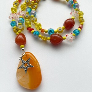 Summer fun necklace, orange agate beaded necklace, millefiori necklace, floral necklace, summer holidays necklace, star necklace.
