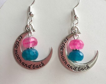 To the moon and back earrings, moon earrings, glass bead earrings, wiccan earrings, pink earrings, blue earrings.