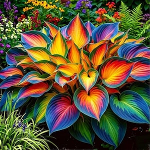 May include: A vibrant, colorful plant with large, heart-shaped leaves. The leaves display a gradient of colors, including yellow, orange, red, blue, and green. The plant is surrounded by other flowers and greenery, creating a lush garden scene.