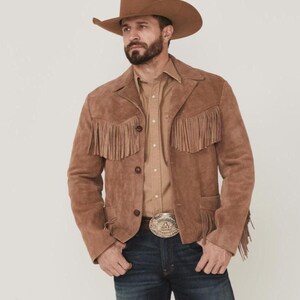Chaqueta de cuero de gamuza marrón estilo vaquero con flecos para hombre