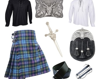 Completo tradizionale da kilt in pelle di mucca a 5 pezzi, disponibile in oltre 50 varianti.