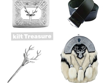 Traditional Vintage Kilt Accessories Scottish Antique Sporran,  Black Leather Belt Highland Dress Men's Wedding Sporran Set