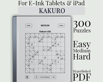 Kakuro for reMarkable 2, Kindle Scribe, Onyx Boox, Supernote | Cross-Sum Logic Hyperlinked PDF | Easy Medium Hard | 300 Puzzles