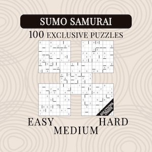 May include: A puzzle book cover titled SUMO SAMURAI featuring 100 EXCLUSIVE PUZZLES. The design displays a grid of Sudoku-style number puzzles arranged in a cross shape, with the text EASY, MEDIUM, and HARD below and SOLUTIONS INSIDE on a corner.