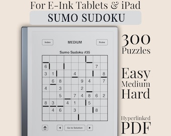 Sumo Sudoku for reMarkable 2, Kindle Scribe, Onyx Boox, Supernote | Consecutive Logic Hyperlinked PDF | Easy Medium Hard | 300 Puzzles