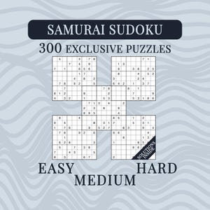 May include: A Samurai Sudoku puzzle book cover featuring the text SAMURAI SUDOKU and 300 EXCLUSIVE PUZZLES. The design includes a large grid of five overlapping Sudoku squares with numerical entries and a black corner banner labelled SOLUTIONS INSIDE.