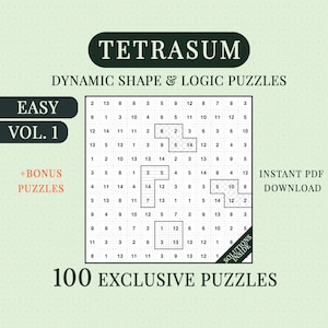 Op de afbeelding: Een digitaal puzzelboek-omslag getiteld TETRASUM DYNAMIC SHAPE & LOGIC PUZZLES. De pagina bevat een 10x10 raster gevuld met cijfers en gearceerde geometrische vormen. De tekst bevat EASY, VOL. 1, +BONUS PUZZLES, 100 EXCLUSIVE PUZZLES, INSTANT PDF DOWNLOAD en SOLUTIONS INSIDE.