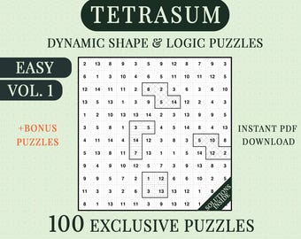 TETRASUM Logic Puzzles, 100 Block Shape Number Games, Easy to Medium Large Print Book with Solutions | Vol. 1 | + Bonus, Printable PDF