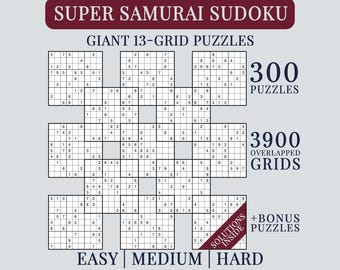 Super Samurai Sudoku Book, 300 Giant 13-Grid Puzzles, 3900 Overlapped Sudoku with Solutions, Easy Medium Hard (PDF Download) + Bonus