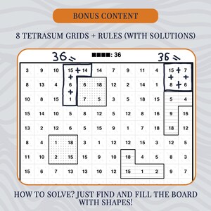 May include: A Tetrasum puzzle grid featuring a white square board with black numbers, outlined shapes, and dotted or lined fill patterns. The text reads BONUS CONTENT, 8 TETRASUM GRIDS + RULES (WITH SOLUTIONS), and HOW TO SOLVE? JUST FIND AND FILL THE BOARD WITH SHAPES!
