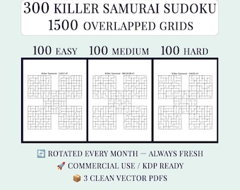 300 Killer Samurai Sudoku 5-Grid PDF, KDP Interior Puzzle Book, Easy Medium Hard, Commercial Use
