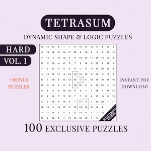 May include: A Tetrasum dynamic shape and logic puzzle book cover featuring a grid of numbers with highlighted shapes. Text includes Tetrasum, Hard Vol. 1, 100 Exclusive Puzzles, Bonus Puzzles, and Solutions Inside. The design is on a light purple background.