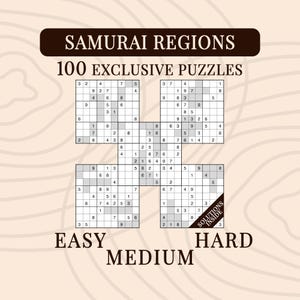 May include: A Samurai Sudoku puzzle book cover featuring the text SAMURAI REGIONS, 100 EXCLUSIVE PUZZLES, EASY, MEDIUM, and HARD. The design displays a large, interconnected grid of five overlapping Sudoku squares with numerical digits and a SOLUTIONS INSIDE banner.