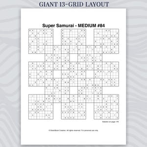May include: A Giant 13-Grid Layout Super Samurai medium difficulty number puzzle sheet labelled #84. The document features a complex arrangement of thirteen interconnected Sudoku grids printed in black ink on a white background with text.