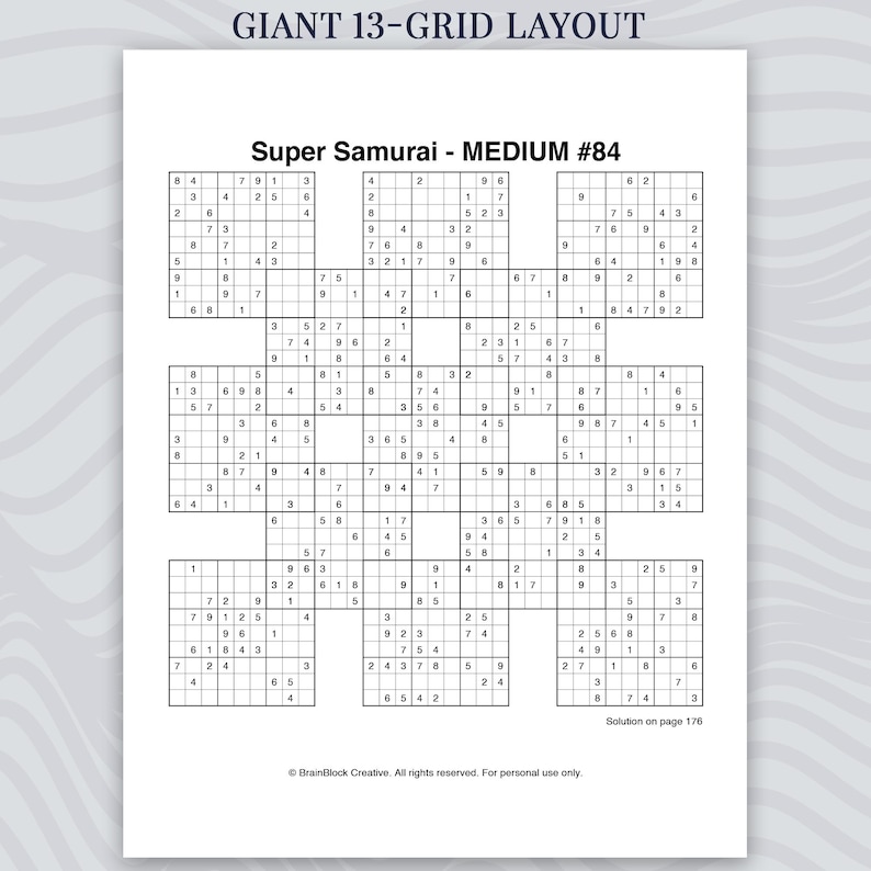 May include: A Giant 13-Grid Layout Super Samurai medium difficulty number puzzle sheet labelled #84. The document features a complex arrangement of thirteen interconnected Sudoku grids printed in black ink on a white background with text.