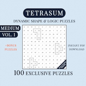 Könnte beinhalten: Ein Tetrasum-Buchcover für dynamische Form- und Logikrätsel mit einem Zahlengitter und schattierten geometrischen Formen. Der Text umfasst "Medium Vol. 1", "+Bonus Puzzles", "100 Exclusive Puzzles" und "Instant PDF Download" auf hellblauem Grund.