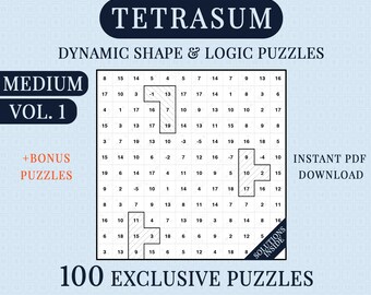 TETRASUM Logic Puzzles, 100 Block Shape Number Games, Medium to Hard Large Print Book with Solutions | Vol. 1 | + Bonus, Printable PDF