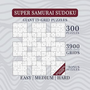 May include: A Super Samurai Sudoku book cover featuring a giant 13-grid puzzle layout. The text reads Super Samurai Sudoku, Giant 13-Grid Puzzles, 300 Puzzles, 3900 Overlapped Grids, Solutions Inside, Bonus Puzzles, and Easy, Medium, Hard.
