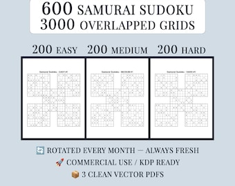 600 Samurai Sudoku 5-Grid PDF, KDP Interior Puzzle Book, Easy Medium Hard, Commercial Use