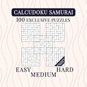 May include: A Calcudoku Samurai puzzle book cover featuring 100 exclusive puzzles with easy, medium, and hard difficulty levels. The design displays a large, interconnected grid of math puzzles in dark blue on a light background, with the text SOLUTIONS INSIDE.