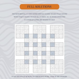 May include: A 13-grid Super Samurai Sudoku board with full solutions. The text reads FULL SOLUTIONS, THE MONUMENTAL 13-GRID SUPER SAMURAI SUDOKU BOARD FULLY SOLVED WITH UNIQUE DIGITS 1 TO 9 IN ALL 13 GRIDS. ALL 16 INTERCONNECTED 3x3 OVERLAP ZONES ARE SHADED IN GRAY.