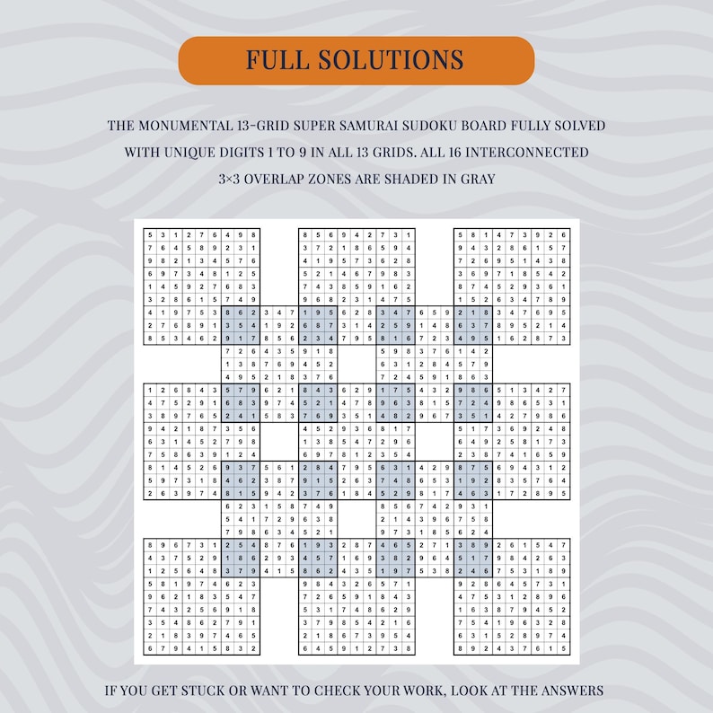 May include: A 13-grid Super Samurai Sudoku board with full solutions. The text reads FULL SOLUTIONS, THE MONUMENTAL 13-GRID SUPER SAMURAI SUDOKU BOARD FULLY SOLVED WITH UNIQUE DIGITS 1 TO 9 IN ALL 13 GRIDS. ALL 16 INTERCONNECTED 3x3 OVERLAP ZONES ARE SHADED IN GRAY.