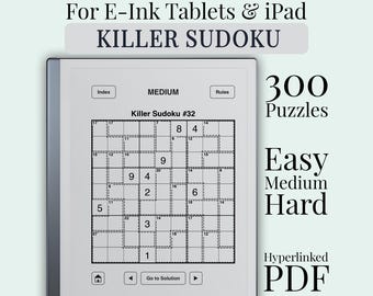 Killer Sudoku for reMarkable 2, Kindle Scribe, Onyx Boox, Supernote | Sum Sudoku Hyperlinked PDF | Easy Medium Hard | 300 Puzzles