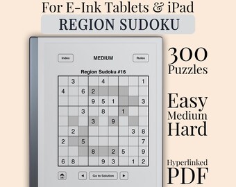Region Sudoku for reMarkable 2, Kindle Scribe, Onyx Boox, Supernote | Extra Regions Sudoku Hyperlinked PDF | Easy Medium Hard | 300 Puzzles