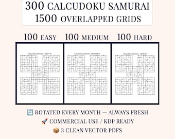 300 Calcudoku Samurai 5-Grid PDF, KDP Interior Puzzle Book, Easy Medium Hard, Commercial Use