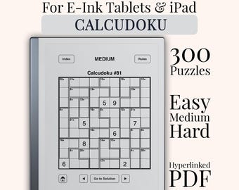 Calcudoku for reMarkable 2, Kindle Scribe, Onyx Boox, Supernote | Math Games Hyperlinked PDF | Easy Medium Hard | 300 Puzzles