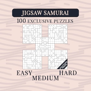 May include: A Jigsaw Samurai puzzle book cover featuring 100 exclusive puzzles. The design displays a large H-shaped grid of Sudoku puzzles with numbers, labelled with the text Easy, Medium, and Hard, and a Solutions Inside banner in the corner.