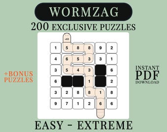 WORMZAG Logic Puzzles, 200 Target Sum Pathfinding Games, Easy to Extreme Large Print Book with Solutions + Samurai Bonus, Printable PDF